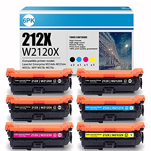 6 Pack (3BK + 1C + 1M + 1Y) Compatible 212X | W2120X W2121X W2123X W2122X Remanufactured Toner Cartridge Replacement for HP Color Enterprise M554dn M555dn Printer Ink Cartridge (High Yield)