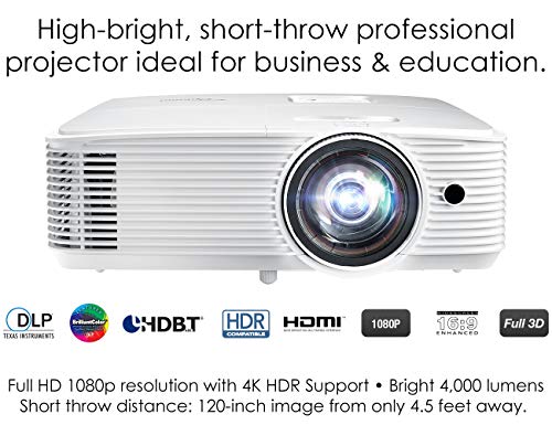 Optoma EH412ST Short Throw 1080P HDR Professional Projector | Super Bright 4000 Lumens | Business Presentations, Classrooms, or Meeting Rooms | 15,000 hour lamp life | Speaker Built In | Portable Size