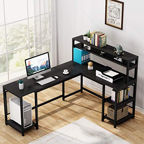 LITTLE TREE 67 inch Large L-Shaped Computer Desk with Hutch and Bookshelf, Home Office Desk with Storage Shelves and CPU Stand, Corner Desk Study Writing Gaming Table Workstation (Black)