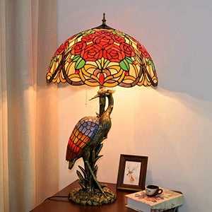 Xihe Tiffany Antique Table Lamp 20" Female Bird Desk Lamp - Colored Roses Glass Lampshade