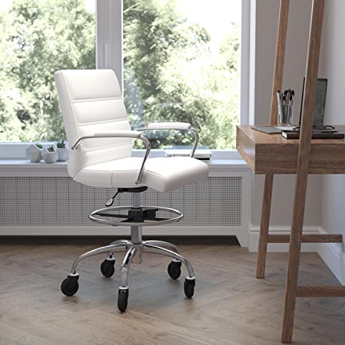 Flash Furniture Lexi Mid-Back Drafting Chair with Adjustable Foot Ring - White LeatherSoft Upholstery