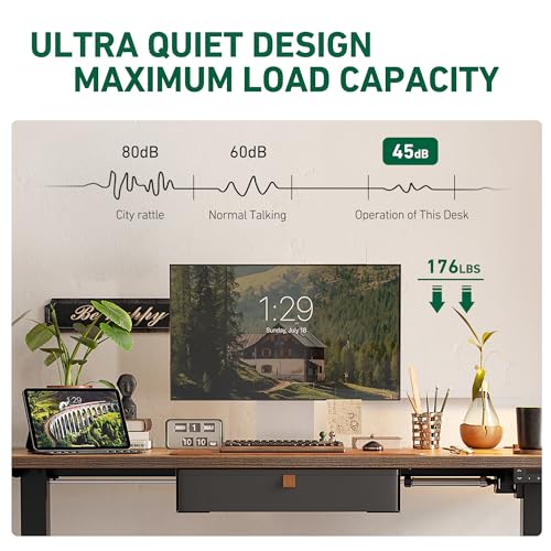 FEZIBO Electric Standing Desk with Drawer, 55 x 24 Inches Adjustable Height, Sit Stand Home Office Desk - Black Walnut