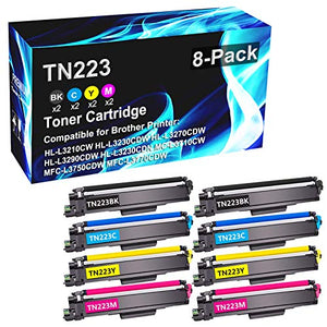 8 Pack (2BK+2C+2Y+2M) Compatible High Yield Toner Cartridge Replacement for Brother TN-223 | TN223 use for Brother L3210CW L3230CDW L3270CDW L3290CDW L3710CW L3750CDW L3770CDW Series Printer