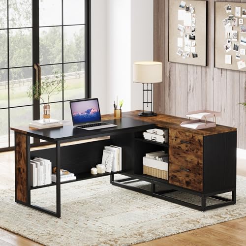 Tribesigns 63" L-Shaped Executive Desk with Drawers and Shelves, Rustic Business Furniture, Brown & Black