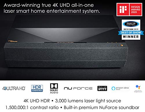 Optoma CinemaX P1 4K UHD Laser TV Home Theater Projector | Bright 3000 Lumens | Ultra Short Throw | Integrated NuForce Soundbar | Stream Netflix and Prime Video | Works with Alexa and Google, Black