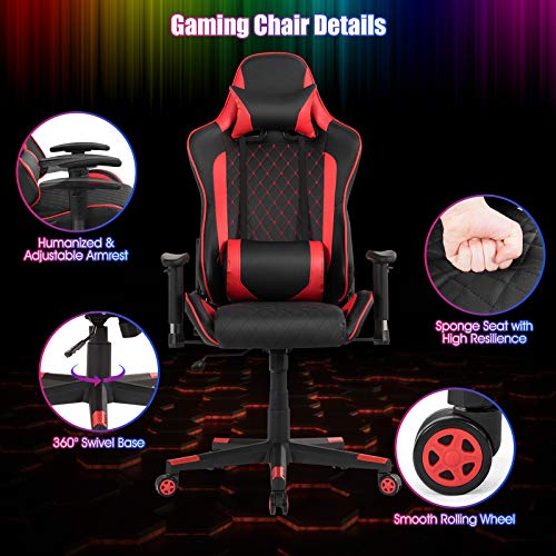 Tangkula Gaming Desk and Gaming Chair Combo Set, Computer Desk and Racing Office Chair Set w/Cup Holder, Earphone Hook, Lumbar Massage and Headrest, Home Office Furniture Set (Red)