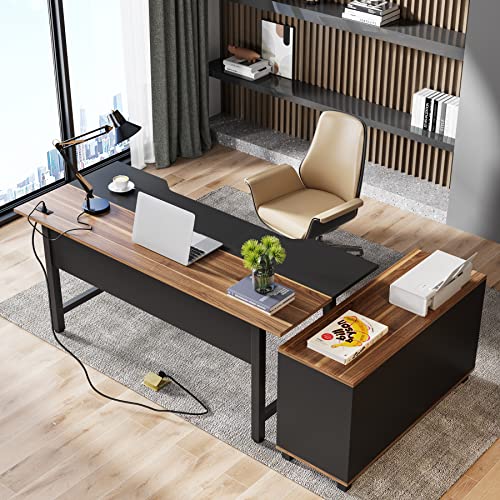 Tribesigns Extra Large L-Shaped Executive Desk with Power Outlet, File Cabinet, and Printer Stand