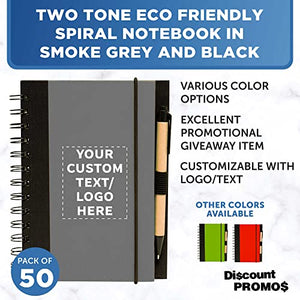 50 ECO Block Notebooks with Pens Pack - Customizable Text, Logo - Spiral, Recycled, Elastic Loop - Smoke