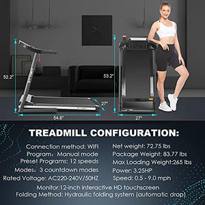 SYTIRY Treadmills for Home, Folding Treadmill with 10" HD TV Screen and WiFi,3.25hp Motor,Running Machine for Exercise with Workout Program, Hydraulic Drop, Heart Rate Sensor