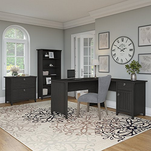 Bush Furniture Salinas 60W L Shaped Desk with Lateral File Cabinet and 5 Shelf Bookcase in Vintage Black