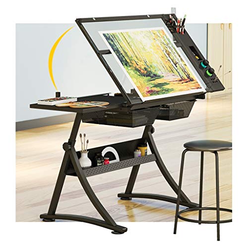 Lgan Tiltable Drawing Table, Adjustable Art Desk, with Storage Craft Table, Drafting Table Glass Panel, Child Adult Drawing Desk