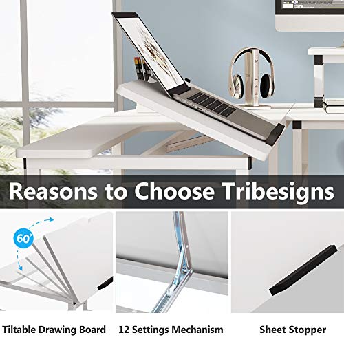 Tribesigns L-Shaped Computer Desk with Monitor Stand Riser, 70.8 inches Corner Computer Desk Study Writing Workstation Drafting Table with Tiltable Drawing Board for Home Office Use (White)
