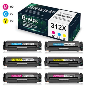 6-Pack (2Cyan+2Yellow+2Magenta) 312X | CF381X CF382X CF383X Compartible Remanufactured Toner Catridge Replacement for HP Color Laserjet Pro MFP M476dw M476dn M476nw Printer, Toner Cartridge.