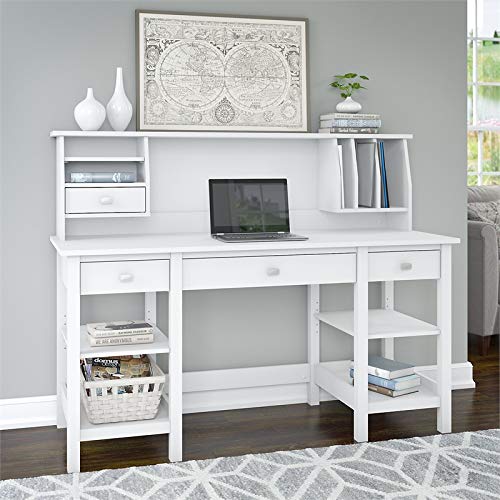 Bush Furniture Broadview 60W Desk with Storage Shelves and Small Hutch Organizer in White