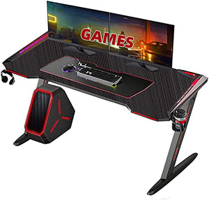 Gaming Desk, Arespark Computer Desk with 7 Mode LED Light, 55" Home Office Desks PC Desk Writing Desk, Gaming Table Workstation, Z-Shaped Computer Gaming Desk & Carbon Fiber Surface