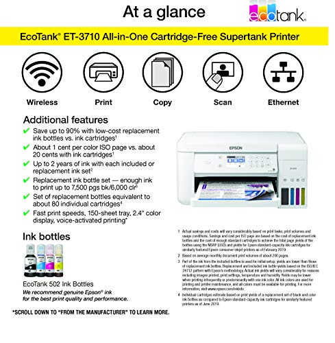 Epson EcoTank ET-3710 Wireless Color All-in-One Cartridge-Free Supertank Printer with Scanner, Copier and Ethernet, Compatible with Alexa (Renewed)