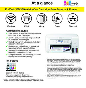 Epson EcoTank ET-3710 Wireless Color Inkjet All-in-One Supertank Printer, White