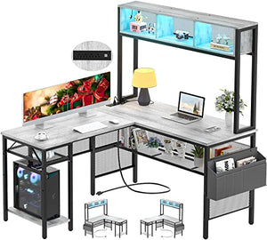 Unikito L Shaped Computer Desk with LED Strip, Power Outlets, Storage Shelves, Bag, USB Port - White Oak