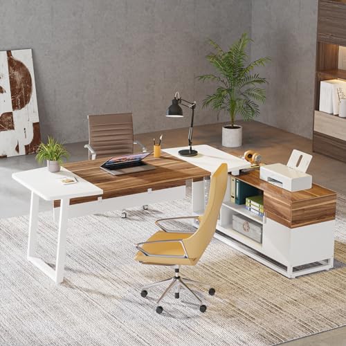 Tribesigns Executive Desk and Lateral File Cabinet Set, Large L-Shaped Computer Desk with Storage, White/Walnut