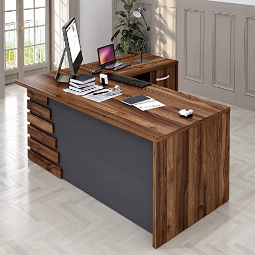 Casa Mare 79" Executive Office Furniture Set | Made of Wood | Home Office Modern Business Suite | 3-Piece Including L Shaped Desk with Drawers, Coffee Table and Large Storage Cabinet | Brown & Black