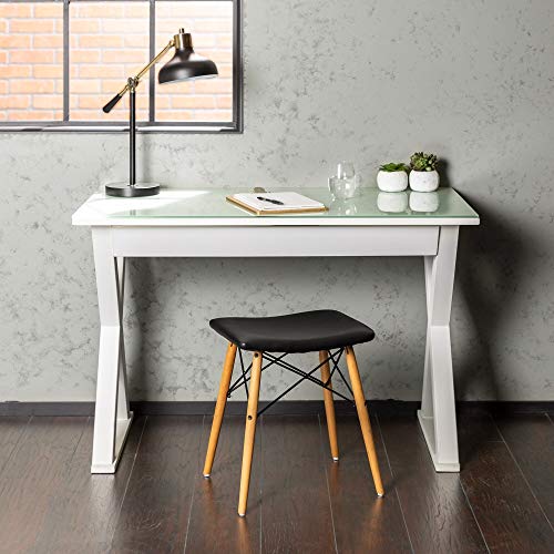 X-Frame Computer Desk White Workstation for Home Office Casual Modern Contemporary Rectangular Glass MDF Painted Drawers