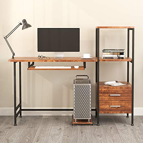 Mecor Study Writing Computer Desk 55" with Drawers/Keyboard Tray/Storage Shelves, Modern Simple Style PC Desk Laptop Study Table Workstation for Home Office (Walnut Brown)