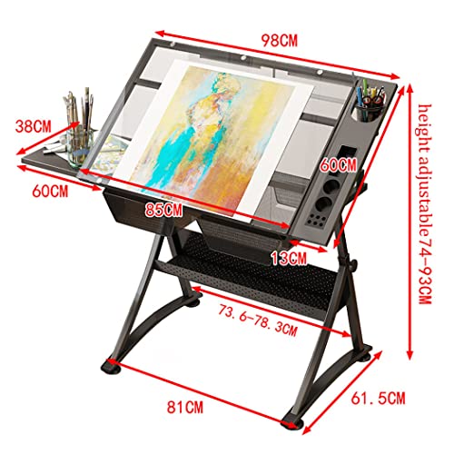 VejiA Glass Drafting Table Desk, Height Adjustable 0-50° Tilting Drawing Desk with 2 Slide Drawers