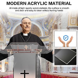 Mecpramy Transparent LED Church Pulpit with Hollow Cross Design, 46" Lectern for Churches, Classroom, Weddings