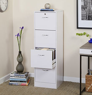 Four Drawer Vertical Wood Lockable File Cabinet, Safeguards Documents and Keeps Them Organized, Prevents Your Papers from Fading, Made of Durable Particleboard and Metal, White + Expert Guide