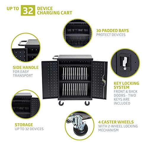 Pearington 32 Device Mobile Charging and Storage Cart for iPads, Chromebooks and Laptop Computers, Up to 13-inch Screen Size, Surge Protection, Front & Back Access Locking Cabinet