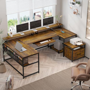 SEDETA Reversible L Shaped Home Office Desk with File Drawer & Power Outlet