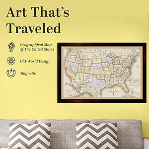 Home Magnetics Interactive United States Map Art | Framed Magnetic Geographic Map | 30 Marker Pins Included (46x34)