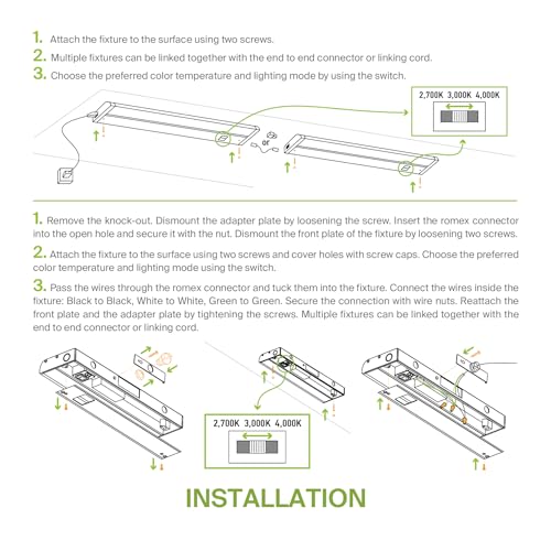 ASD LED Under Cabinet Lighting 32 Inch, Dimmable, 3 Color Levels, Linkable - White, 12 Pack