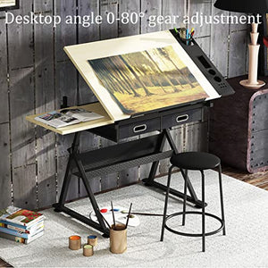 FLaig Adjustable Drafting Table with Stool, 2 Drawers, Metal Frame, Tiltable Art Craft Desk, Wooden Tabletop with Storage