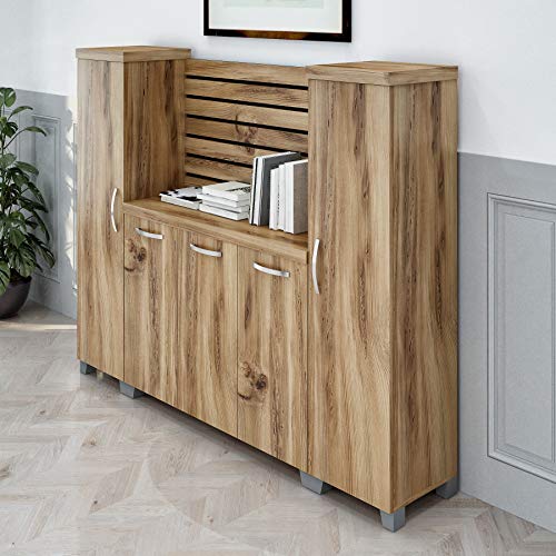 Casa Mare 87" Executive Home Office Suite | Made of Solid Wood | 4-Piece Set Including Long Desk, Credenza, Coffee Table and Large Storage Cabinet | Modern Business Furniture | Light Brown & Black