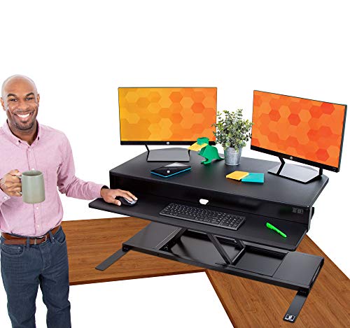 Flexpro Power 40 Inch Electric Corner Desk | 2 Level Standing Desk Converter with Quiet Height Adjustments | Large Dual Level Sit to Stand Workspace | Great for Cubicles! (Corner / 40")