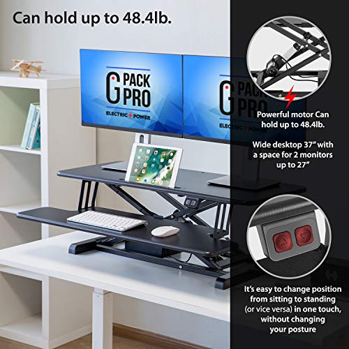 G Pack Pro Standing Desk Converter - Electric Height Adjustable Desk for Sit Stand Desk Workstation with Removable Keyword Tray and Space for Dual Monitors - Ergonomic Design for Maximum Productivity