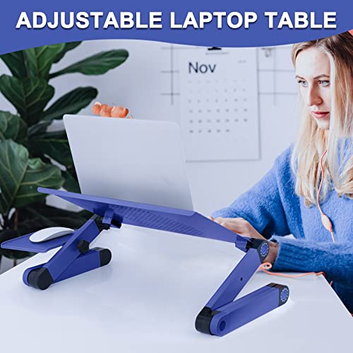 FKSDHDG Laptop Desk for Bed Cozy Aluminum Lap Workstation Stand with 2 Fan Mouse Pad Foldable Book Stand Notebook Tablet Blue