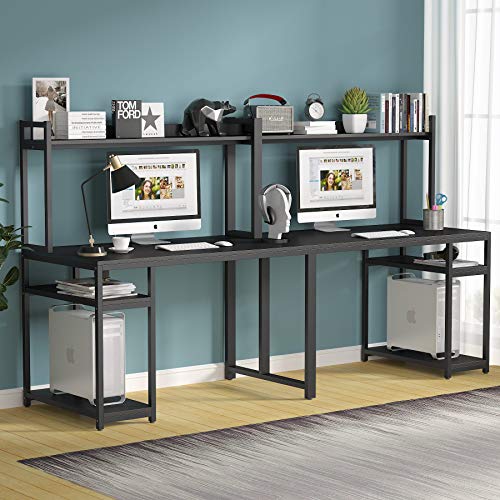 LITTLE TREE Double Desk, 94.5 inches Extra Long Computer Desk with Hutch and Storage Shelves, Two Person Workstation Table for Home Office, Dual Writing Study Desk, (Black)
