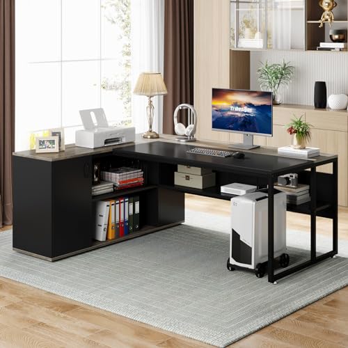 Tribesigns 71" Executive L-Shaped Desk with Cabinet Storage, Shelves - Gray