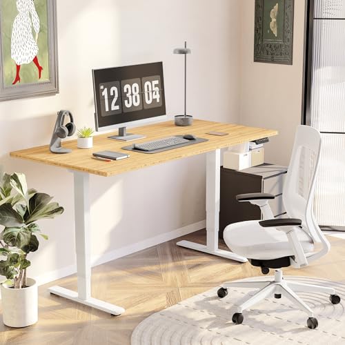 SANODESK Height Adjustable Standing Desk with Dual Motor, 3-Stage Lifting Column - 78" Real Bamboo Desk/White Frame