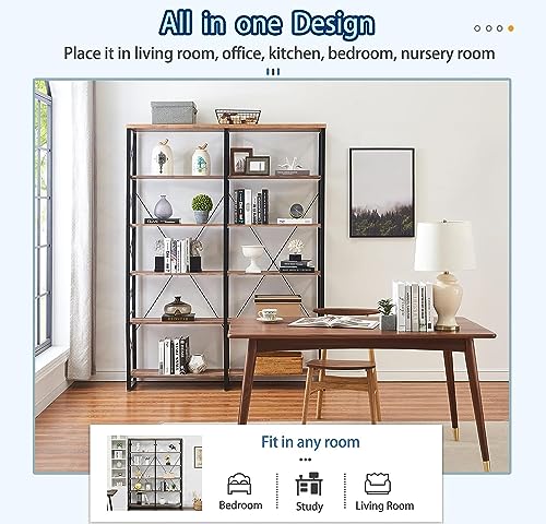 O&K FURNITURE Industrial Double Wide 6-Shelf Bookcase, 76" H - Vintage Brown