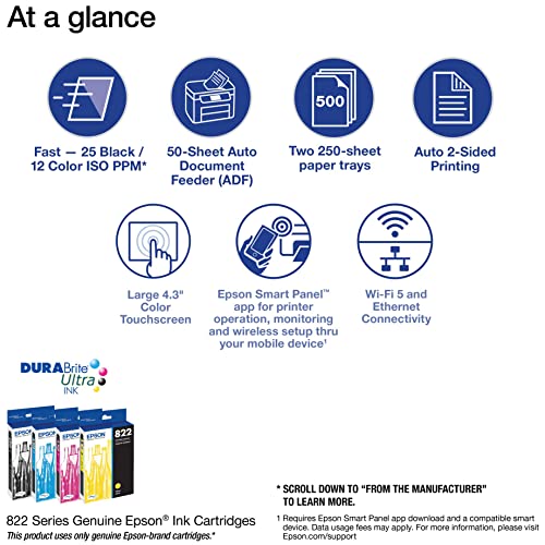 Epson Workforce Pro WF 4833 Wireless All-in-One Color Inkjet Printer - Print Scan Copy Fax - 25 ppm, 4800x2400 dpi, 4.3" Touchscreen, Auto 2-Sided Printing, 50-Sheet ADF, 500-Sheet Capacity, Ethernet