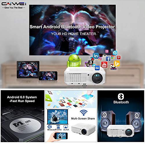 CAIWEI Bluetooth HD Projector Wireless Android OS LCD 200" Display 3900 Lumen WXGA LED Video Projector Home Cinema Movies Games, Compatible with HDMI USB RCA Audio VGA AV WiFi Multimedia Proyectors