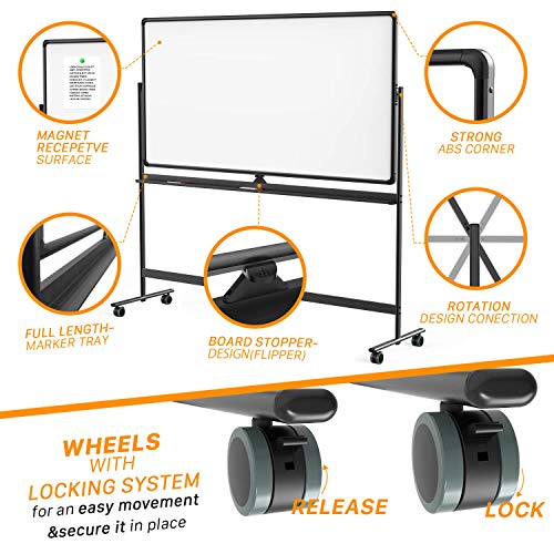 Dry Erase Whiteboard Easel on Wheels - 70'' x 36'' Large Double Sided Mobile Whiteboard, Reversible Magnetic Rolling White Board for Home Office Classroom, Flip Chart Holders and Paper Pad