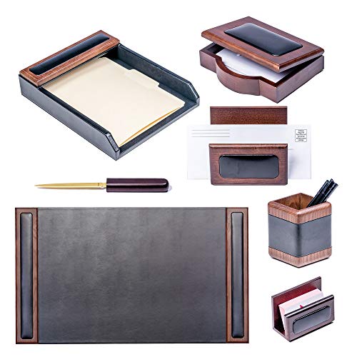 Dacasso Walnut and Leather Desk Set, 7-Piece