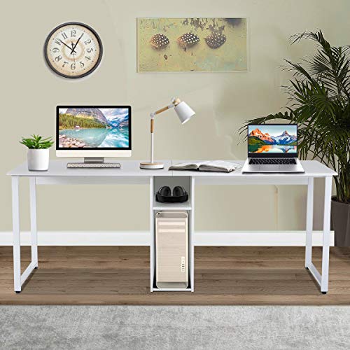 Mrs Bad Home Office Two Person Desk,Double Workstation Office Desk Writing Study Desk,Extra Long Computer Desk with Book Shelf (White)