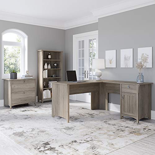 Bush Furniture Salinas L Shaped Desk with Lateral File Cabinet and 5 Shelf Bookcase, 60W, Driftwood Gray
