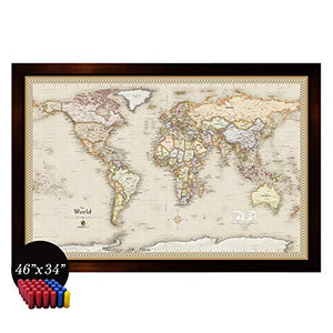 Home Magnetics Interactive World Map Art | Framed Magnetic Geographic Map | 30 Marker Pins Included (46x34)