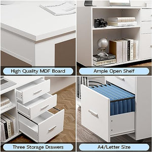 Buytime White L-Shaped Office Desk with Drawers and Shelves